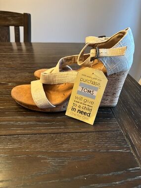 TOMS Natural Linen Cork Wedge Sandals - Beige